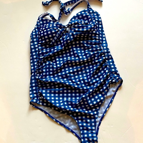 Womens Sexy One Piece Swimsuit Tie Back Blue Checkered Gingham Bikini Swimwear - Picture 5 of 7